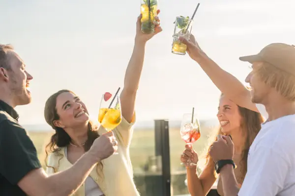 The Scraper's Club rooftop bar at the Urban Nature Hotel St. Peter Ording with four people toasting with drinks in the sunshine and holding their drinks aloft.