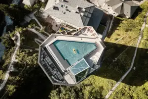 A swimming pool in a building with plants.
