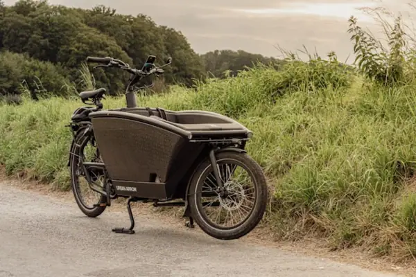 Ein Lastenfahrrad steht am Rand einer Straße neben einem grünen Wall und mit Bäumen im Hintergrund.