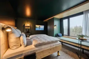 A room with a bed and a window.